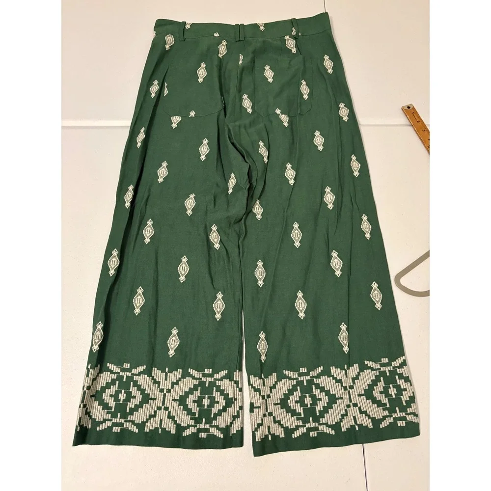 Zara Green Embroidered Linen Blend Wide Leg Pants Boho Coastal Resort XL d5